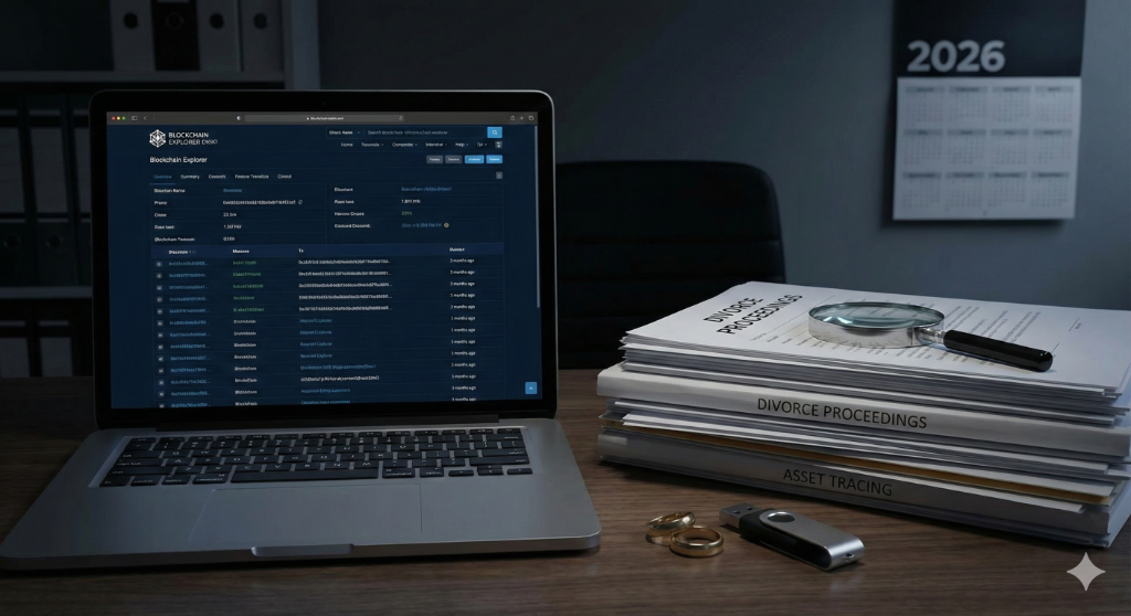 Forensischer Analyst verfolgt Blockchain-Transaktionen auf einem Laptop