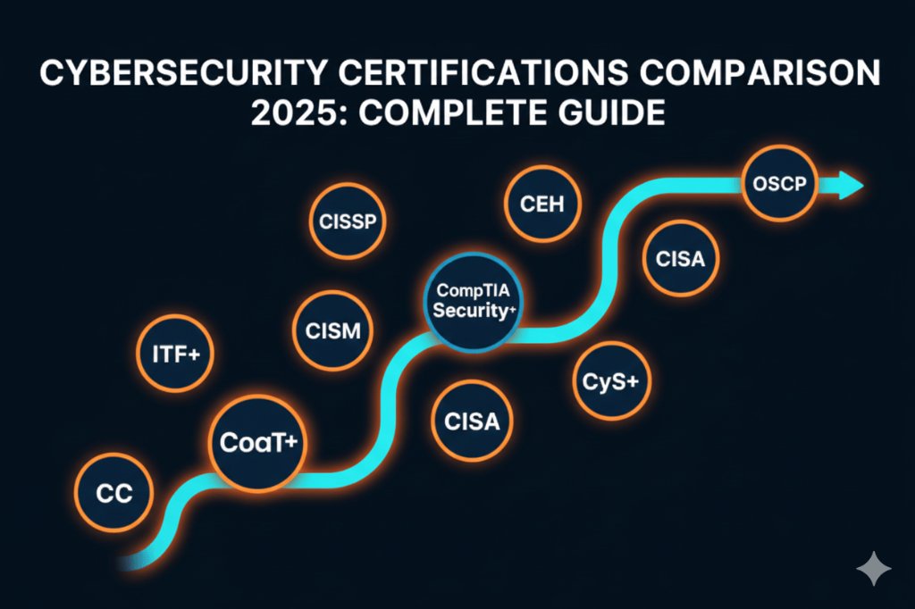 Cybersicherheits-Zertifikate Roadmap 2025, die den Fortschrittsweg von Einstiegszertifizierungen wie CompTIA Security+ über mittlere CEH und CISA zu fortgeschrittenen CISSP, OSCP und CISM Zertifizierungen zeigt