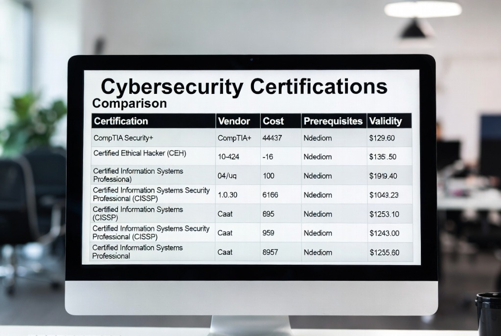 Vergleichstabelle für Cybersicherheits-Zertifikate mit Anbieter, Kosten, Voraussetzungen und Gültigkeit für wichtige Zertifizierungen wie CompTIA Security+, CEH, CISSP, CISM und andere