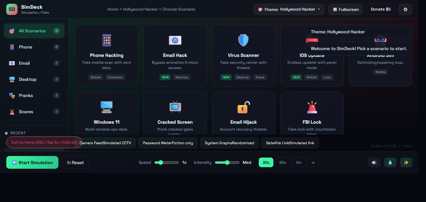 HackerPrank.onlineのSimDeckフェイクハッキングシナリオ