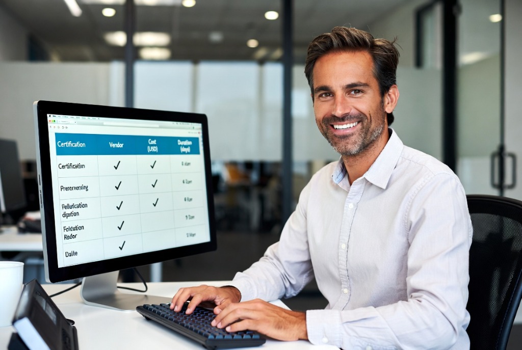 Sicherheitsexperte analysiert Penetrationstest-Vergleichsdaten mit Zertifizierungsanforderungen, Voraussetzungen und Testmethoden auf modernem Bürocomputer