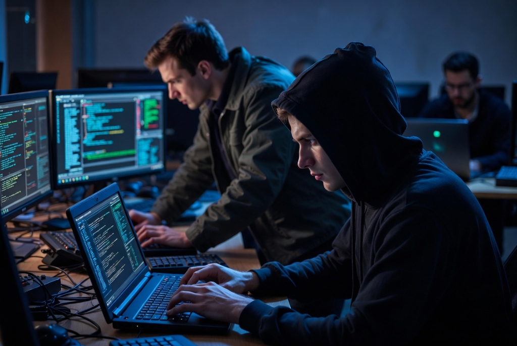 Hooded figure representing cybersecurity threats and scam awareness