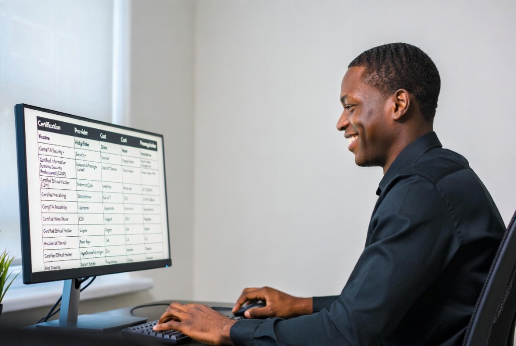 Cybersicherheitsexperte prüft Ergebnisse der Schwachstellenbewertung am Computerbildschirm mit Zertifikatsvergleichstabelle mit Sicherheitsmetriken und Compliance-Anforderungen